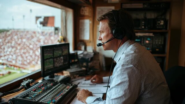 A sports commentator shares live insights and updates during a thrilling football match. The energetic atmosphere from the stadium enhances the commentary as the game unfolds