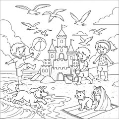 Summer beach coloring page. Adorable kids illustration with a giant sandcastle. Playful scene with a dog and cat and soaring seagulls. Fun printable activity sheet for children.
