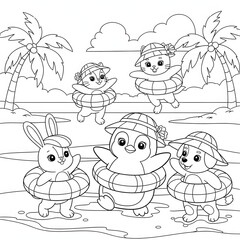 Cute animals coloring page. Adorable pets wearing sun hats and inner tubes at the beach. Playful scene with a penguin, cat, bunny, and dog enjoying a summer day. Fun printable activity for kids.