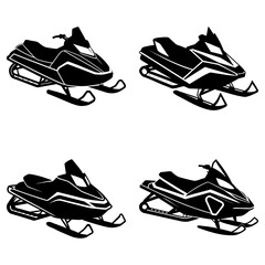 Four black and white snowmobiles in different angles and designs on a white background illustration art