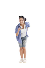 Cheerful Guide with Direction: A woman, radiating warmth and confidence, points towards an unknown direction. This inviting image embodies guidance, optimism, and approachable charm. 