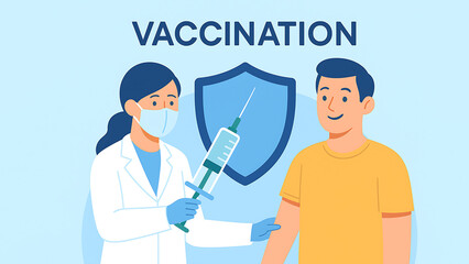 Flat-style digital illustration showing a healthcare professional with a syringe vaccinating a patient, with a protective shield symbol. Concept of immunization, healthcare, and disease prevention.