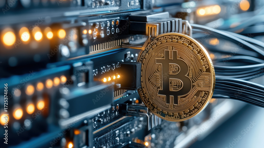 Poster close up of cryptocurrency mining setup with glowing lights and bitcoin coin