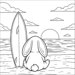 Cute bunny coloring page. Adorable cartoon rabbit illustration. Peaceful beach scene with a bunny looking at the ocean sunset with a surfboard. Fun activity sheet for kids.