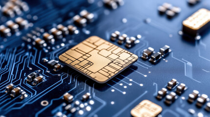 Close up of credit card chip on circuit board, showcasing intricate details and technology
