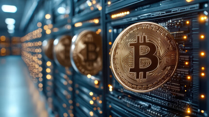 Close up of cryptocurrency mining rig with glowing lights and Bitcoin coins displayed prominently