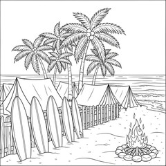 Summer camping coloring page. Tropical beach illustration with tents and surfboards on the shore. Fun bonfire scene with palm trees and the ocean. Great printable activity sheet for kids.