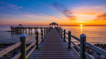 Fototapeta premium Stunning pier leads to serene ocean sunset with vibrant orange sky reflecting on calm water