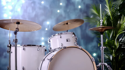 Obraz premium Close up of drum kit with vibrant background and decorative plants, creating lively atmosphere