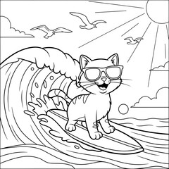 Surfing cat coloring page. Adorable cartoon pet illustration. A happy kitten wearing sunglasses and riding a surfboard on a big ocean wave. Fun activity sheet for kids.