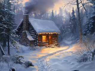 Cozy log cabin in a snowy forest with warm light