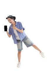 Tech Showcase by Enthusiastic Individual: A dynamic shot of a cheerful individual presenting a sleek, modern smartphone against a clear, bright backdrop. A vision of mobile innovation.