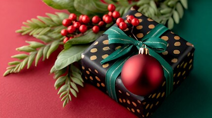 Black And Gold Gift Box With Red Ornament And Green Greenery