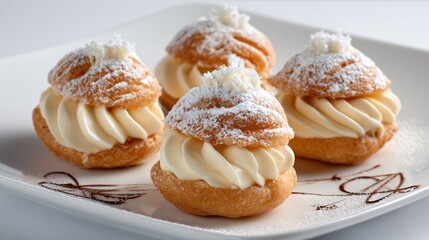 Zeppole with vanilla cream filling, elegant fine dining plating, white background