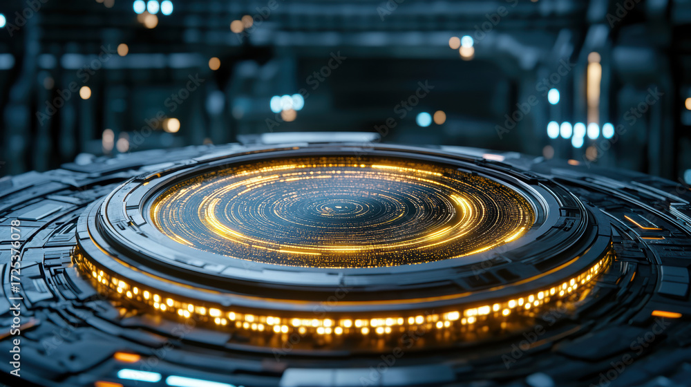 Aufkleber futuristic circular device with glowing lights and intricate patterns, showcasing advanced