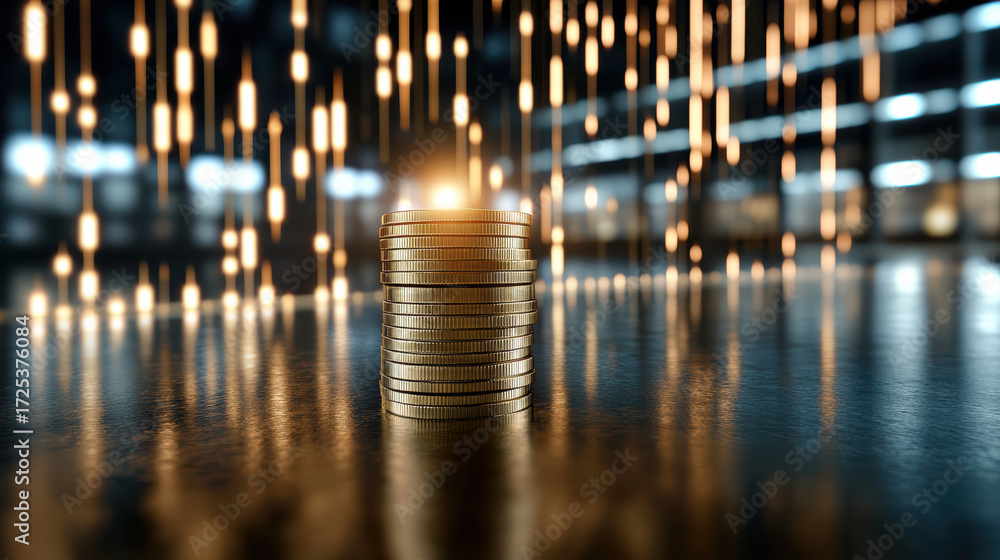 Poster shiny coins stacked with glowing lights in background create sense of wealth and prosperity