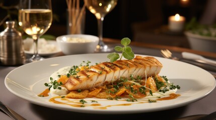 Delicious grilled fish elegantly plated for dinner