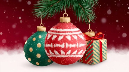 Christmas Ornaments on Snowy Branch