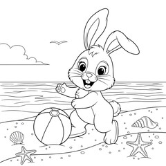 Cute bunny coloring page. Adorable cartoon rabbit illustration. Happy rabbit playing with a beach ball in the sand with seashells and starfish. Fun activity sheet for children.