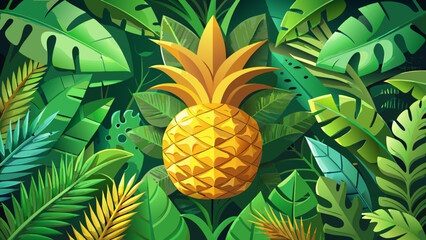 Fototapeta premium Tropical pineapple in 3D paper cut style, golden fruit with lush green leaves, exotic summer design, decorative poster vector, vibrant paradise vibes, botanical tropical card, jungle inspired i