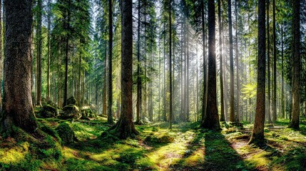 Sunlit Forest Path Through Tall Trees