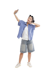 Selfie Moment: An young woman in casual wear takes a selfie, embodying the youthful spirit of capturing memories. Her relaxed pose and smiling expression create an engaging picture.