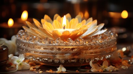 Glowing Candle in Delicate Flower Arrangement