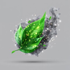 Glowing Green Leaf Emerging from Dark Smoke, Abstract Nature Image