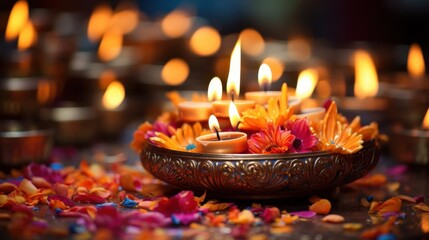 Diwali celebration with candles and flowers