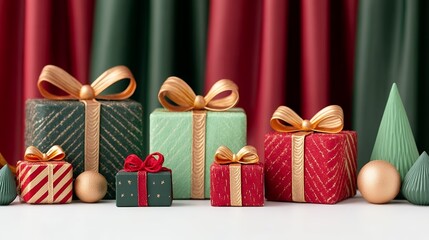 Green and Red Christmas Gifts with Gold Accents on White Surface