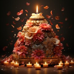 Golden floral centerpiece with burning candle