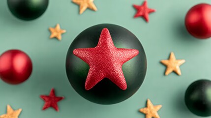 Green and Red Christmas Ornament with Gold Stars on Teal Background