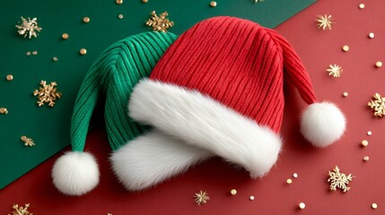 Green and Red Knit Christmas Hats with White Fur Pompoms on Green and Red Background