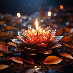 Golden candle shining on autumn leaves