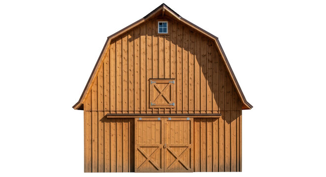 Isolated wooden barn with gambrel roof, hayloft window, and double doors for agricultural storage - Powered by Adobe