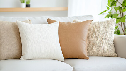 Cozy cushions on modern sofa create warm and inviting atmosphere in stylish living room