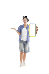 Smartphone Display: A woman in travel attire gracefully displays an interactive smartphone screen, inviting interaction and showcasing cutting-edge technology.