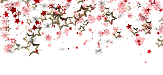 Festive winter background with red and gold stars and snowflakes. Perfect for Christmas, New Year, holidays.