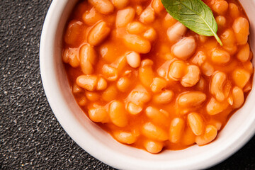 Beans tomato sauce vegetables dish natural product tasty snack fresh delicious gourmet food background on the table rustic top view copy space keto and paleo diet vegan and vegan food