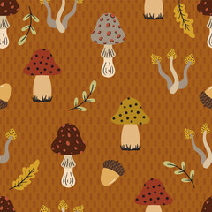 Autumn Mushrooms and Botanicals Vector Seamless Pattern