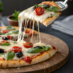 Close-up of a slice of pizza being pulled, cheese stretching, topped with fresh basil, tomatoes, and olives.