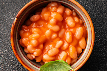 Beans tomato sauce vegetables dish natural product tasty snack fresh delicious gourmet food background on the table rustic top view copy space keto and paleo diet vegan and vegan food