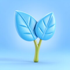 Light Blue 3D Render of Two Leaves and Stem on a Light Blue Background