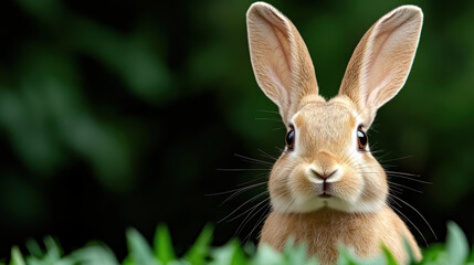 Obraz premium Cute rabbit with large ears and expressive eyes, surrounded by green foliage