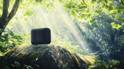 Elegant matte black Bluetooth speaker on a rock in a serene sunlit forest.