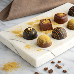 Assorted handmade chocolate truffles on a marble slab, decorated with edible gold dust and cocoa powder