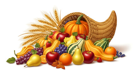 Abundant cornucopia overflowing with autumn harvest fruits vegetables and grains