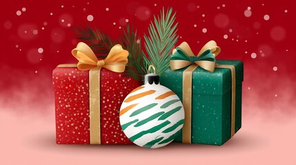Red And Green Christmas Gifts With Ornament