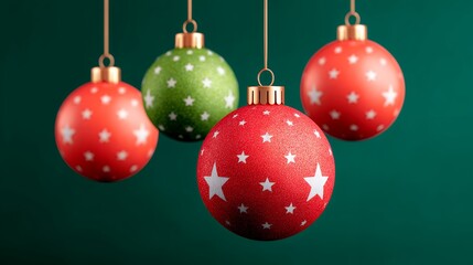 Red and Green Christmas Ornaments Hanging Against a Dark Green Background