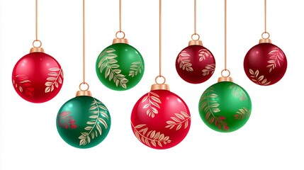 Red and Green Christmas Ornaments Hanging Against White Background